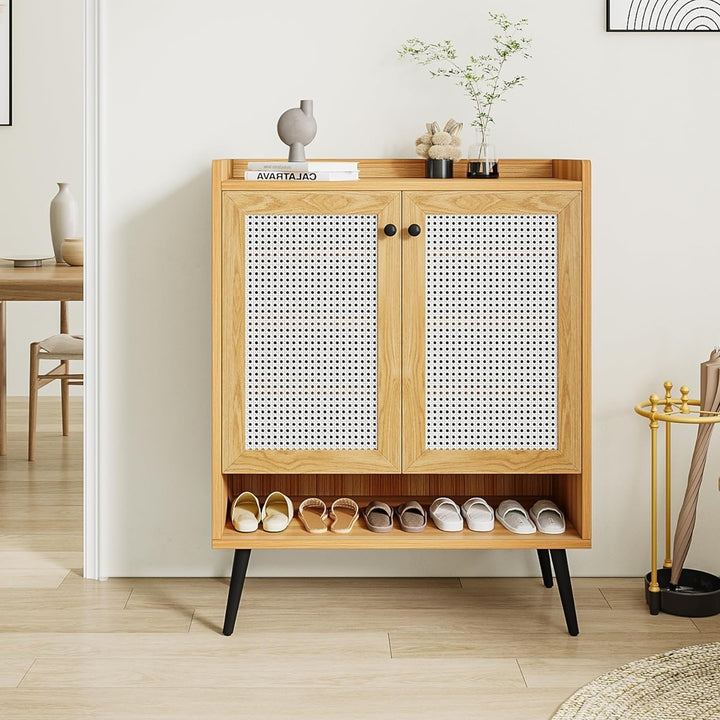 Tribesigns Rattan Shoe Cabinet, Shoes Cabinet Storage with Door, Freestanding Wood Shoe Cabinet with Removable Shelves Image 3