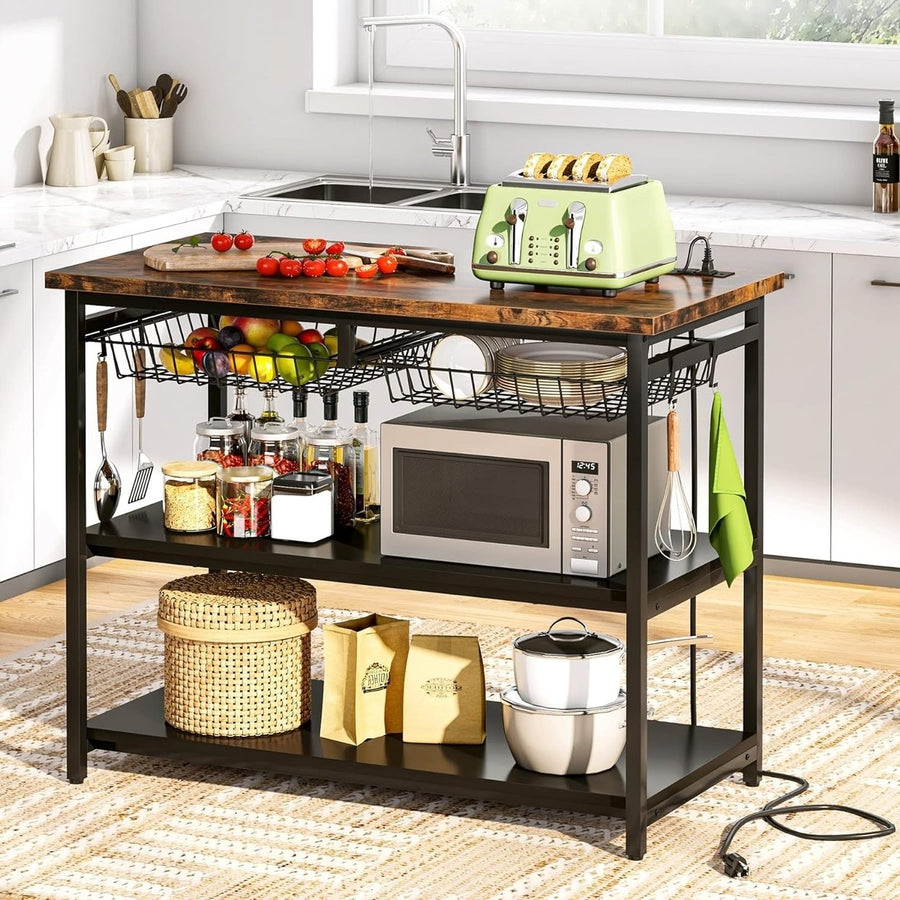 Tribesigns Industrial Kitchen Island Table with Power Outlets and Wire Baskets Image 1