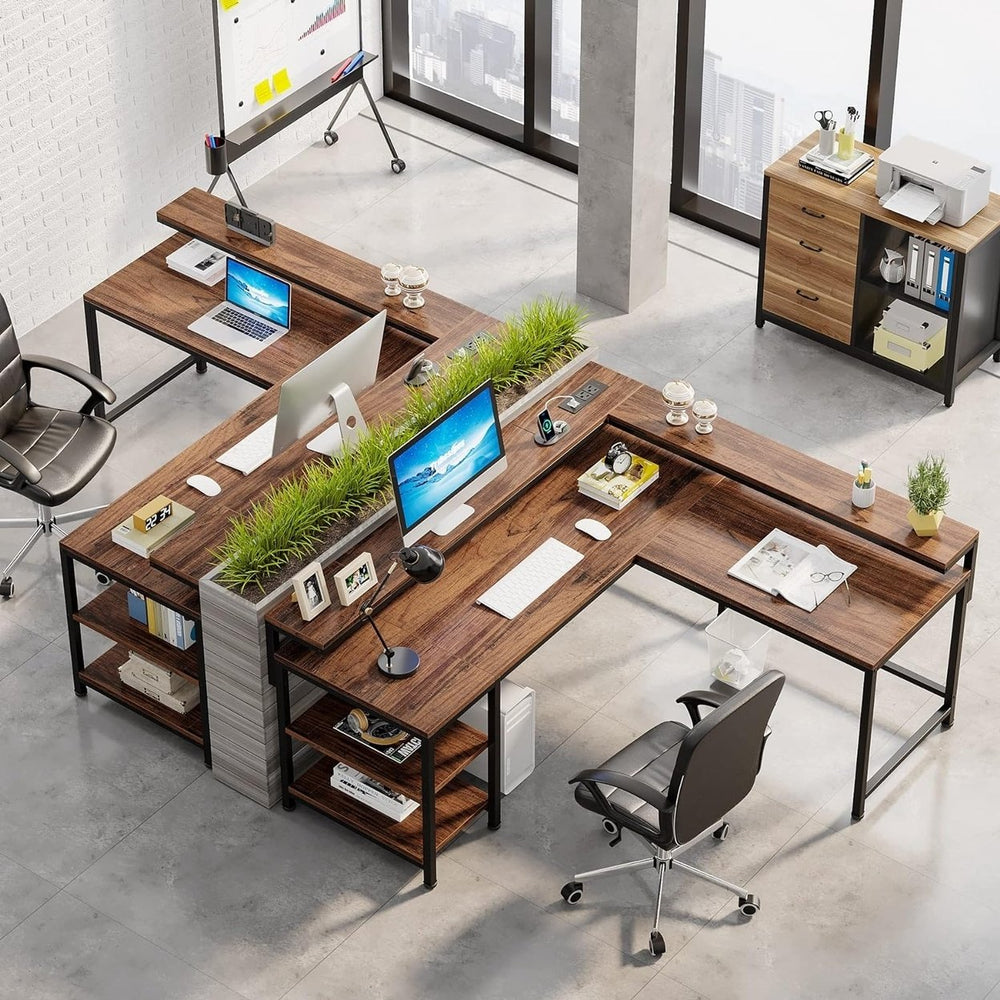 Tribesigns 60 Inch L Shaped Desk with Power Outlets,with Monitor Stand and Storage Shelves, Reversible Corner Desk Image 2