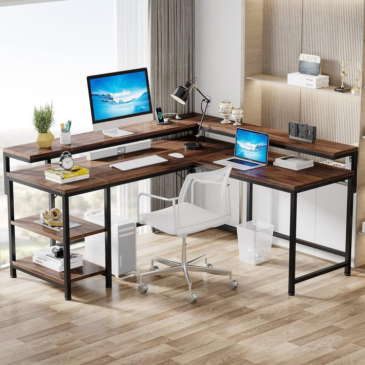 Tribesigns 60 Inch L Shaped Desk with Power Outlets,with Monitor Stand and Storage Shelves, Reversible Corner Desk Image 3