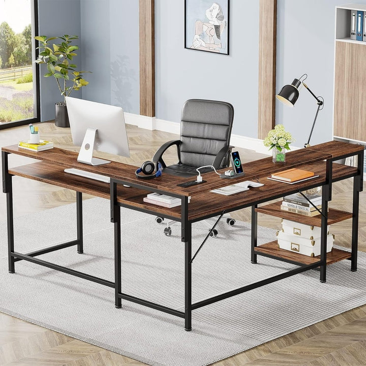 Tribesigns 60 Inch L Shaped Desk with Power Outlets,with Monitor Stand and Storage Shelves, Reversible Corner Desk Image 4