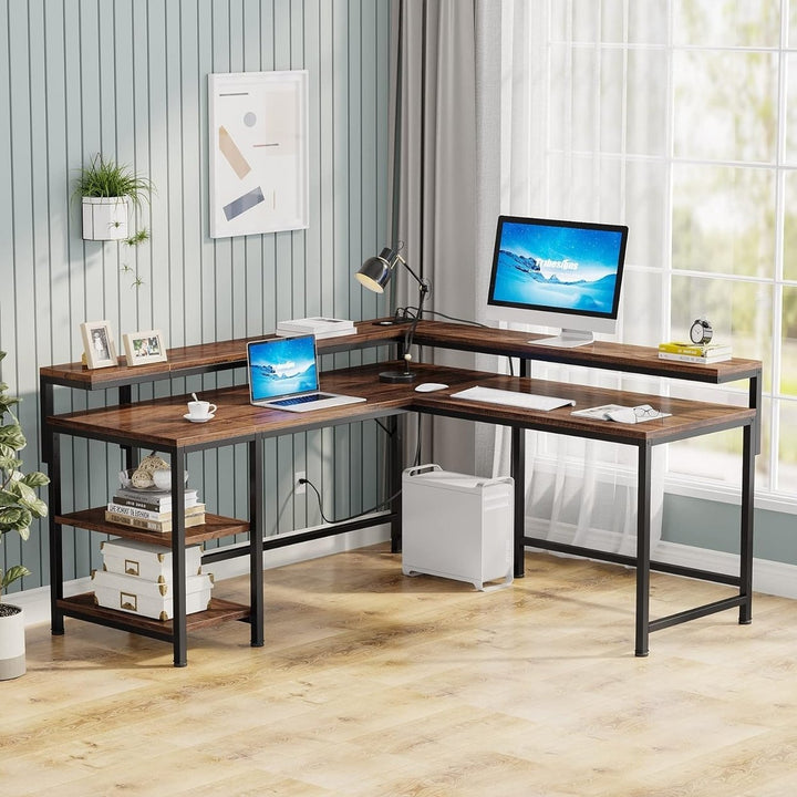 Tribesigns 60 Inch L Shaped Desk with Power Outlets,with Monitor Stand and Storage Shelves, Reversible Corner Desk Image 5