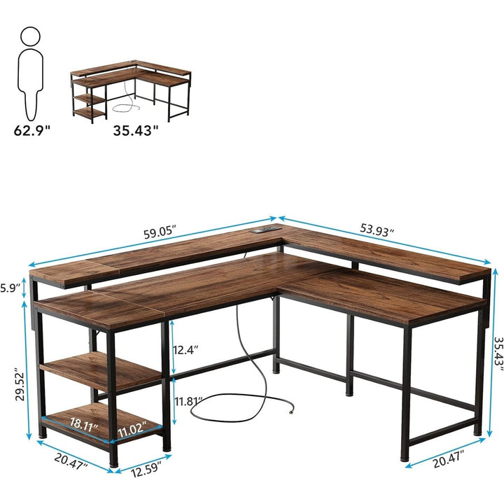 Tribesigns 60 Inch L Shaped Desk with Power Outlets,with Monitor Stand and Storage Shelves, Reversible Corner Desk Image 6