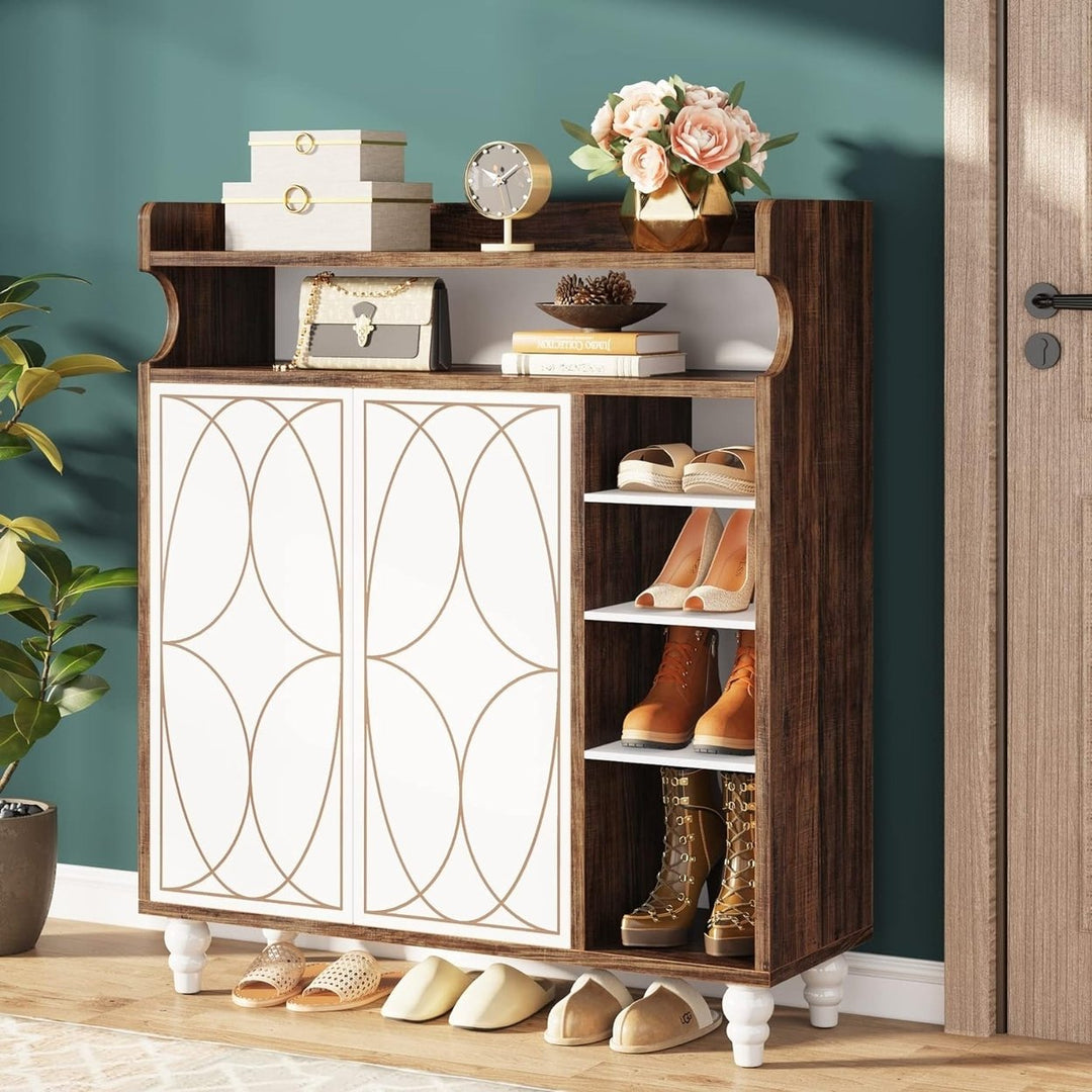 Tribesigns Shoe Cabinet with Doors, Shoe Storage Cabinet with Adjustable Shelves, Freestanding Wooden Shoe Cabinet Image 1