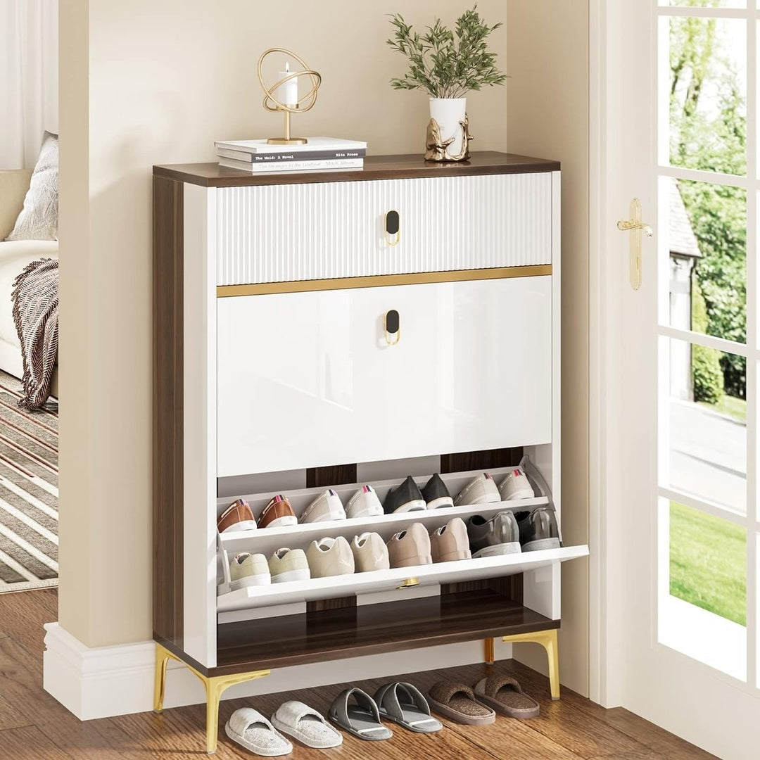 Tribesigns Shoe Storage Organizer Cabinet with 2 Flip Drawers, Wooden Shoe Rack with Gold Metal Legs for Entryway Slim Image 1