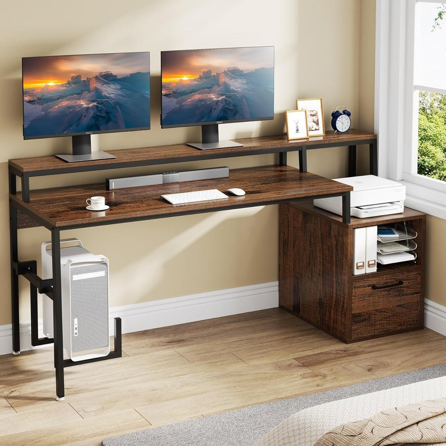 Tribesigns Reversible Computer Desk with Monitor Stand, 63" Large Home Office Desk with Drawer and Storage Shelves Image 1