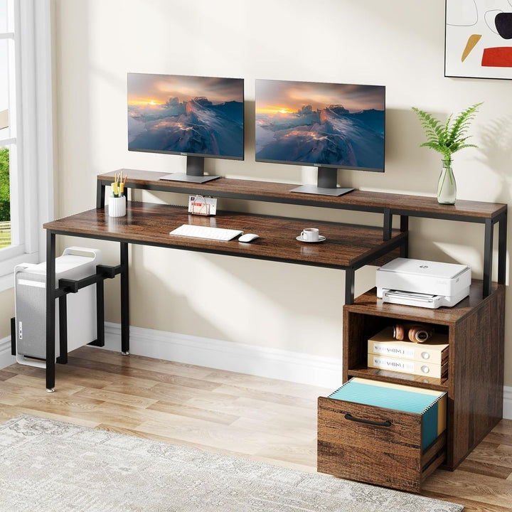 Tribesigns Reversible Computer Desk with Monitor Stand, 63" Large Home Office Desk with Drawer and Storage Shelves Image 2