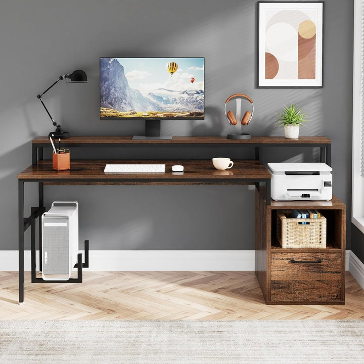 Tribesigns Reversible Computer Desk with Monitor Stand, 63" Large Home Office Desk with Drawer and Storage Shelves Image 3