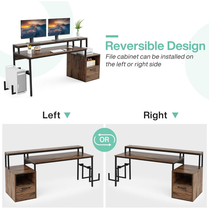 Tribesigns Reversible Computer Desk with Monitor Stand, 63" Large Home Office Desk with Drawer and Storage Shelves Image 5