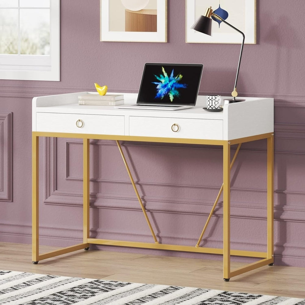 Tribesigns White Gold Computer Desk with 2 Drawers,41.3 inch Modern Simple Study Writing Desks with Storage for Home Image 2