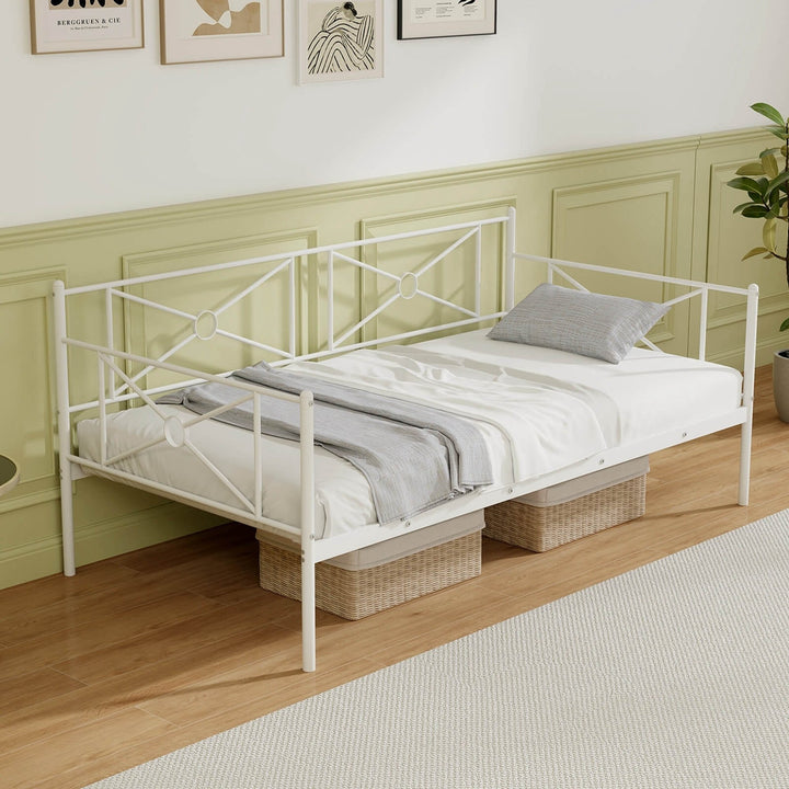 Twin Size Metal Daybed Frame Multifunctional Platform Bed W/Steel Slats White Image 4