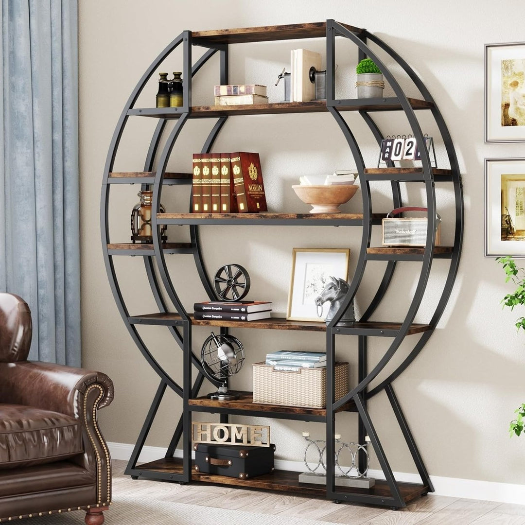 Tribesigns 69" Industrial 6-Tier Oval Bookcase Metal Frame Rustic Brown Shelves Image 1