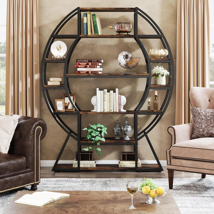 Tribesigns 69" Industrial 6-Tier Oval Bookcase Metal Frame Rustic Brown Shelves Image 2