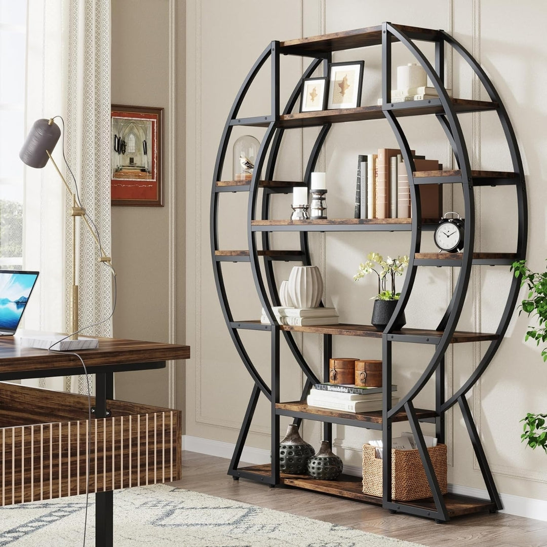 Tribesigns 69" Industrial 6-Tier Oval Bookcase Metal Frame Rustic Brown Shelves Image 4