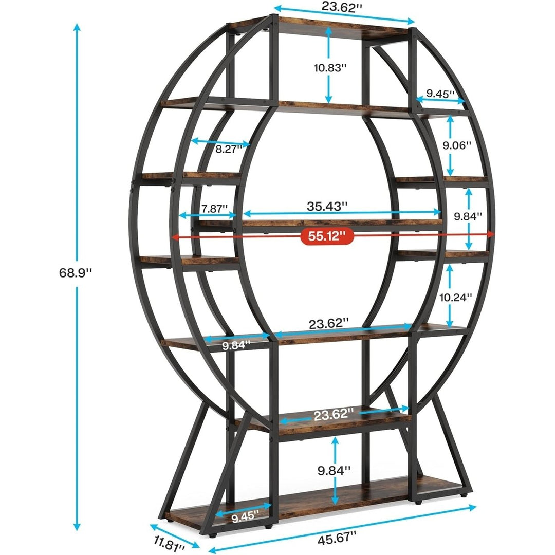 Tribesigns 69" Industrial 6-Tier Oval Bookcase Metal Frame Rustic Brown Shelves Image 6