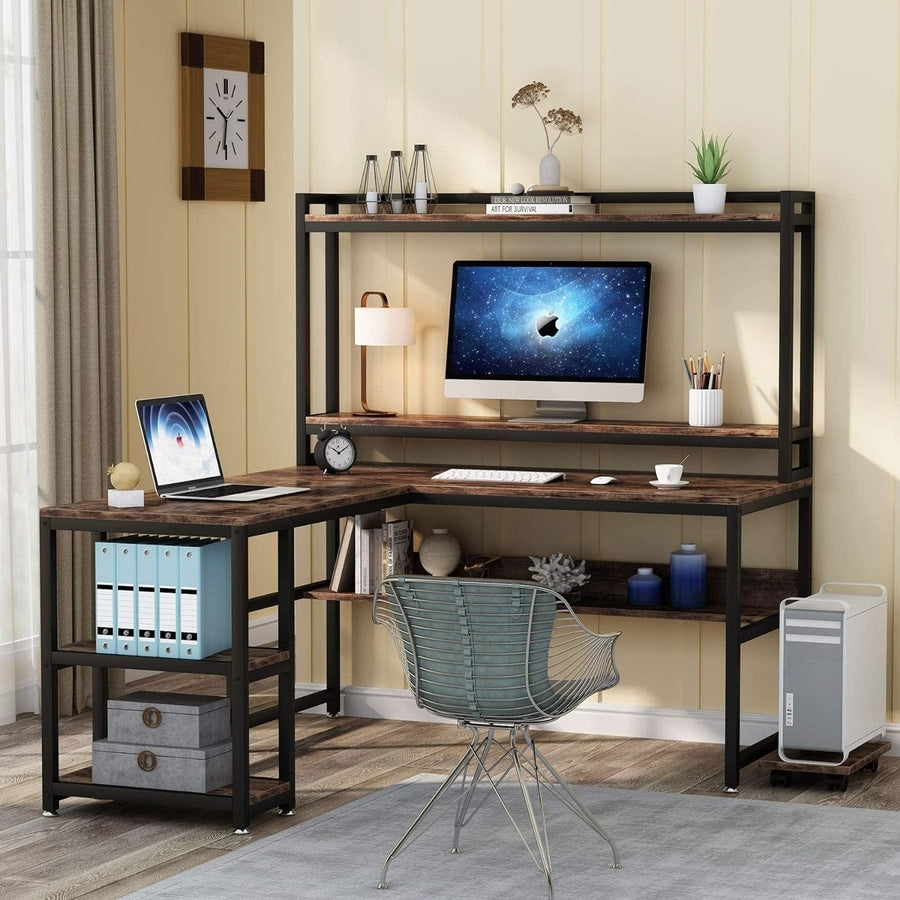 Tribesigns L-Shaped Desk with Hutch and Storage Shelves, 59 Inch Corner Computer Office Desk Gaming Table,Monitor Stand Image 1