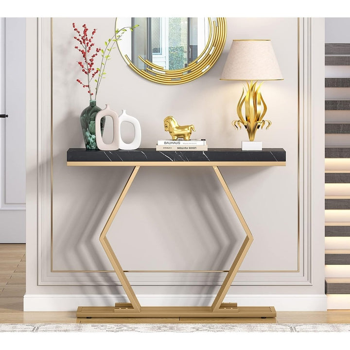 Tribesigns 42 Inch Modern Console Table Black Faux Marble Geometric Metal Base Image 3