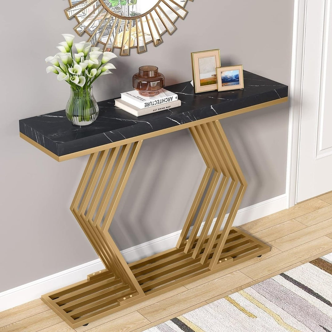 Tribesigns 42 Inch Modern Console Table Black Faux Marble Geometric Metal Base Image 4