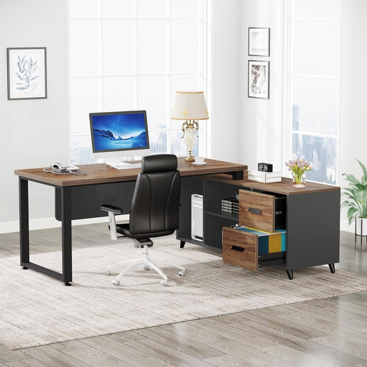 Tribesigns L Shaped Executive Desk with File Drawer, Office Desk with Cabinet Storage Shelves for Home Office Image 1