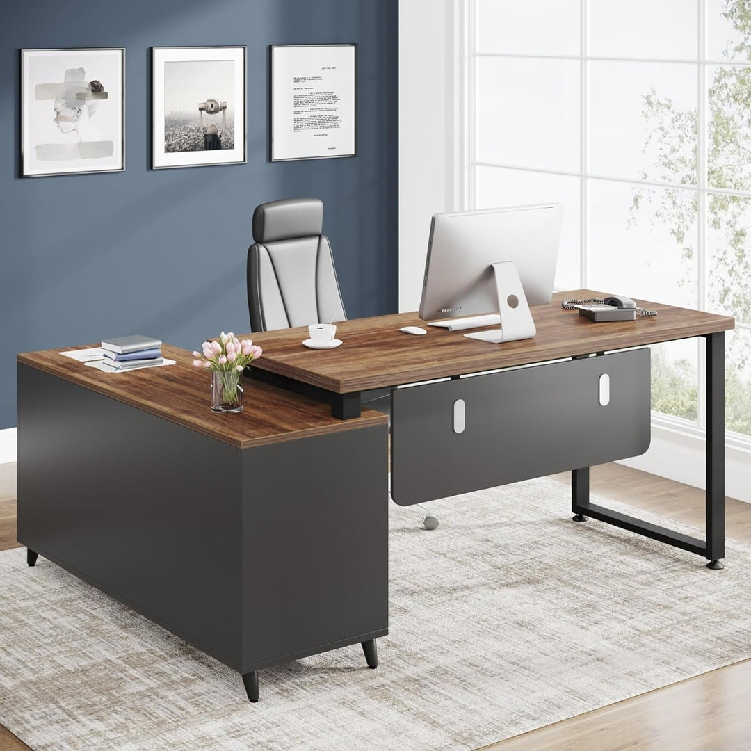 Tribesigns L Shaped Executive Desk with File Drawer, Office Desk with Cabinet Storage Shelves for Home Office Image 2