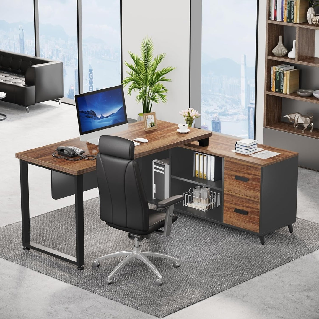 Tribesigns L Shaped Executive Desk with File Drawer, Office Desk with Cabinet Storage Shelves for Home Office Image 3