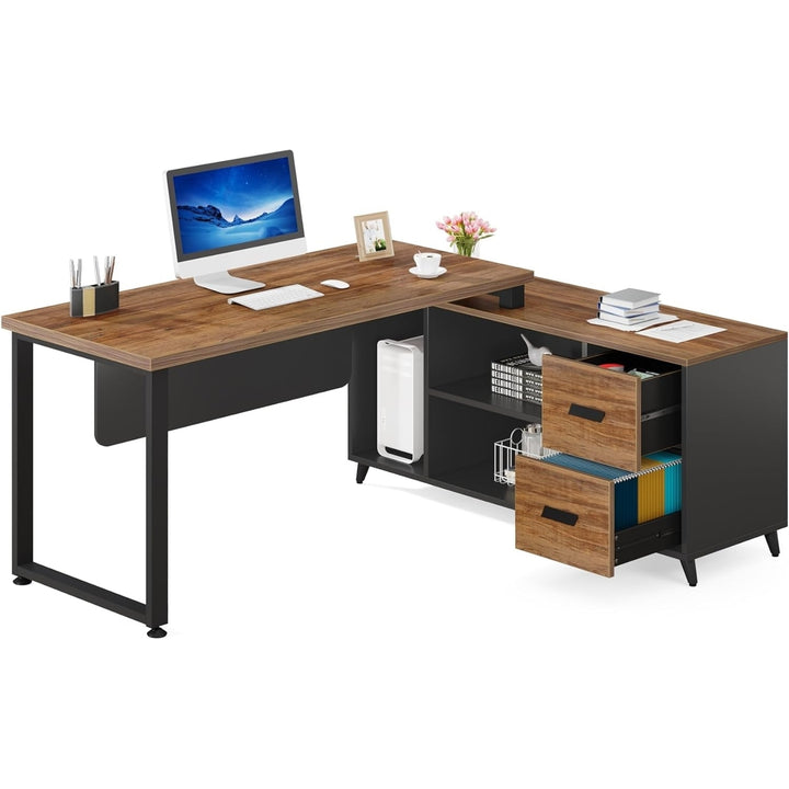 Tribesigns L Shaped Executive Desk with File Drawer, Office Desk with Cabinet Storage Shelves for Home Office Image 5