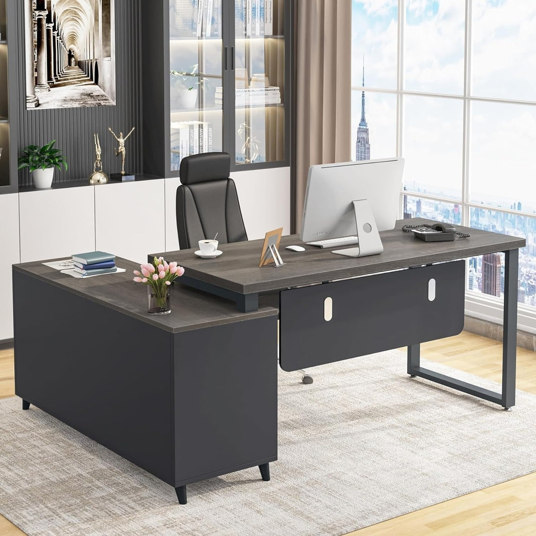 Tribesigns L Shaped Executive Desk with File Drawer, Office Desk with Cabinet Storage Shelves for Home Office Image 7