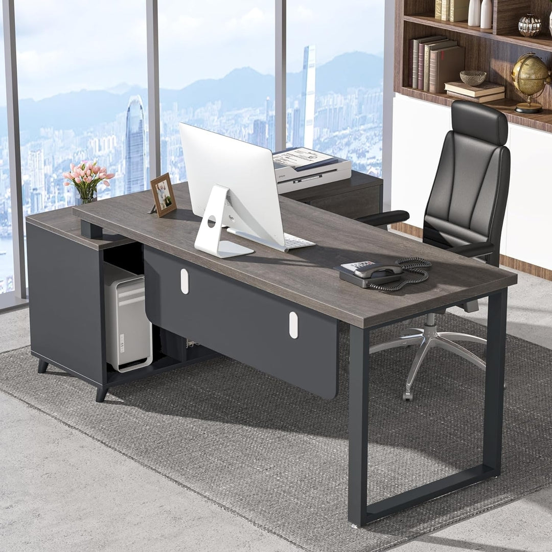 Tribesigns L Shaped Executive Desk with File Drawer, Office Desk with Cabinet Storage Shelves for Home Office Image 8