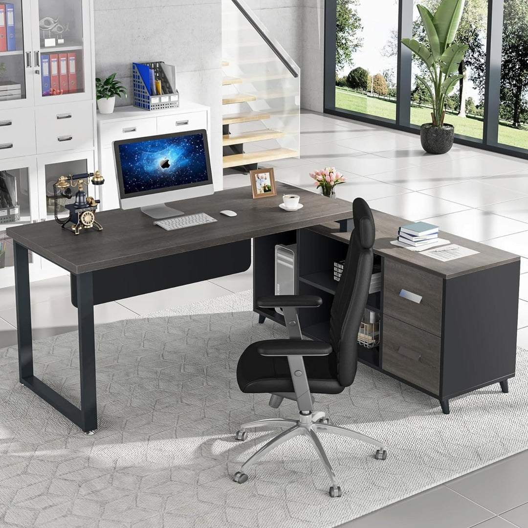 Tribesigns L Shaped Executive Desk with File Drawer, Office Desk with Cabinet Storage Shelves for Home Office Image 9