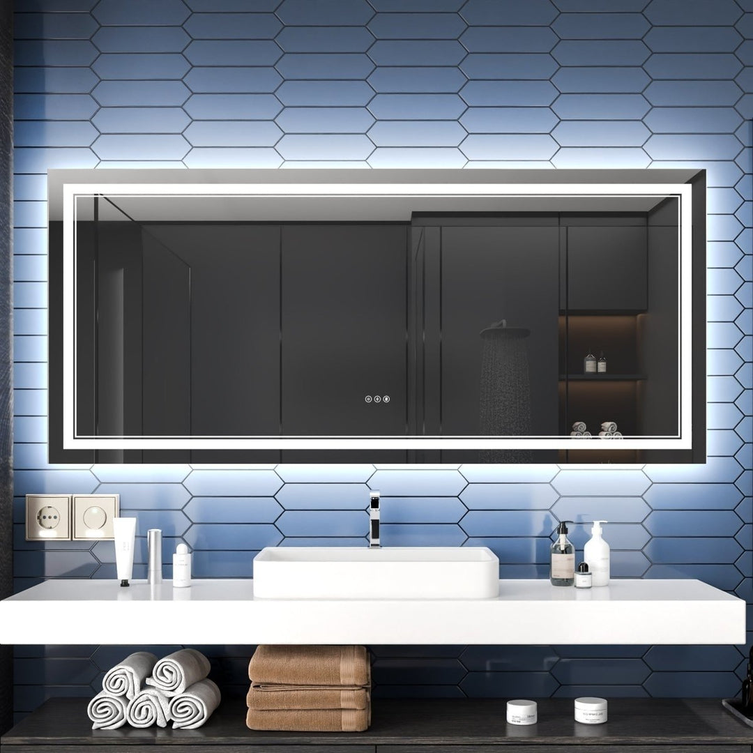 Linea 72" W x 32" H LED Heated Bathroom Mirror,Anti Fog,Dimmable,Front-Lighted and Backlit, Tempered Glass Image 1