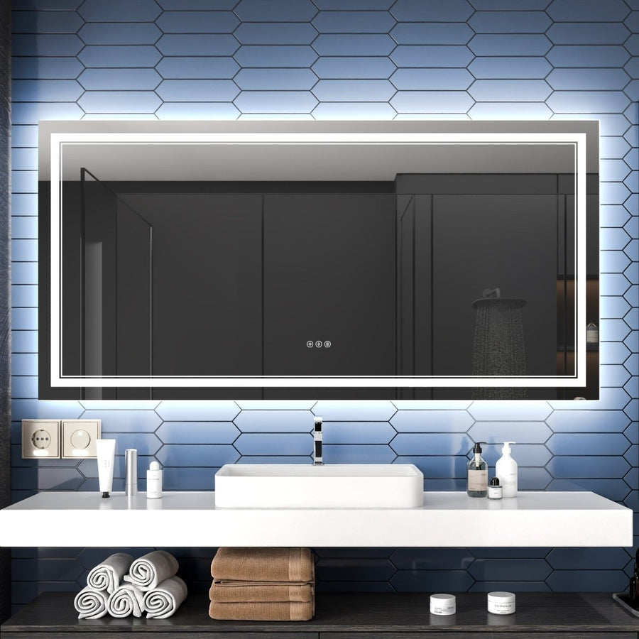 Linea 72" W x 36" H LED Heated Bathroom Mirror,Anti Fog,Dimmable,Front-Lighted and Backlit, Tempered Glass Image 1