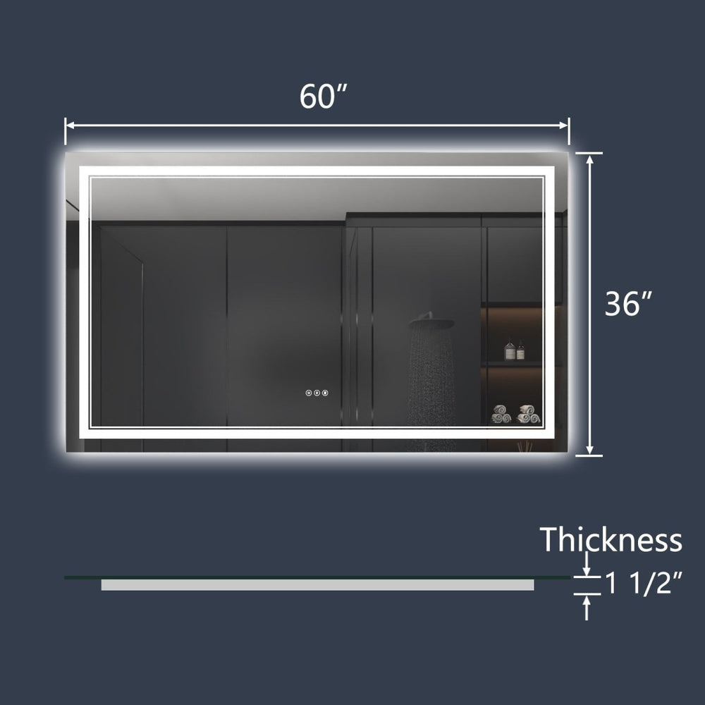 Linea 60" W x 36" H LED Heated Bathroom Mirror,Anti Fog,Dimmable,Front-Lighted and Backlit, Tempered Glass Image 2