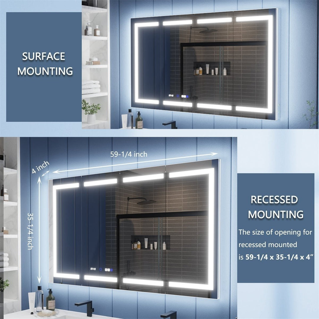 Illusion-B 60" x 36" LED Lighted Inset Mirrored Medicine Cabinet with Magnifiers Front and Back Light Image 3