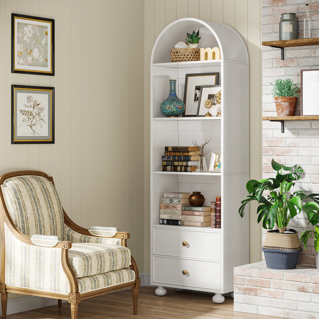 Tribesigns 74.8" Tall Bookcase, White Arched Bookshelf with 2 Drawers and 4 Storage Shelves Image 2