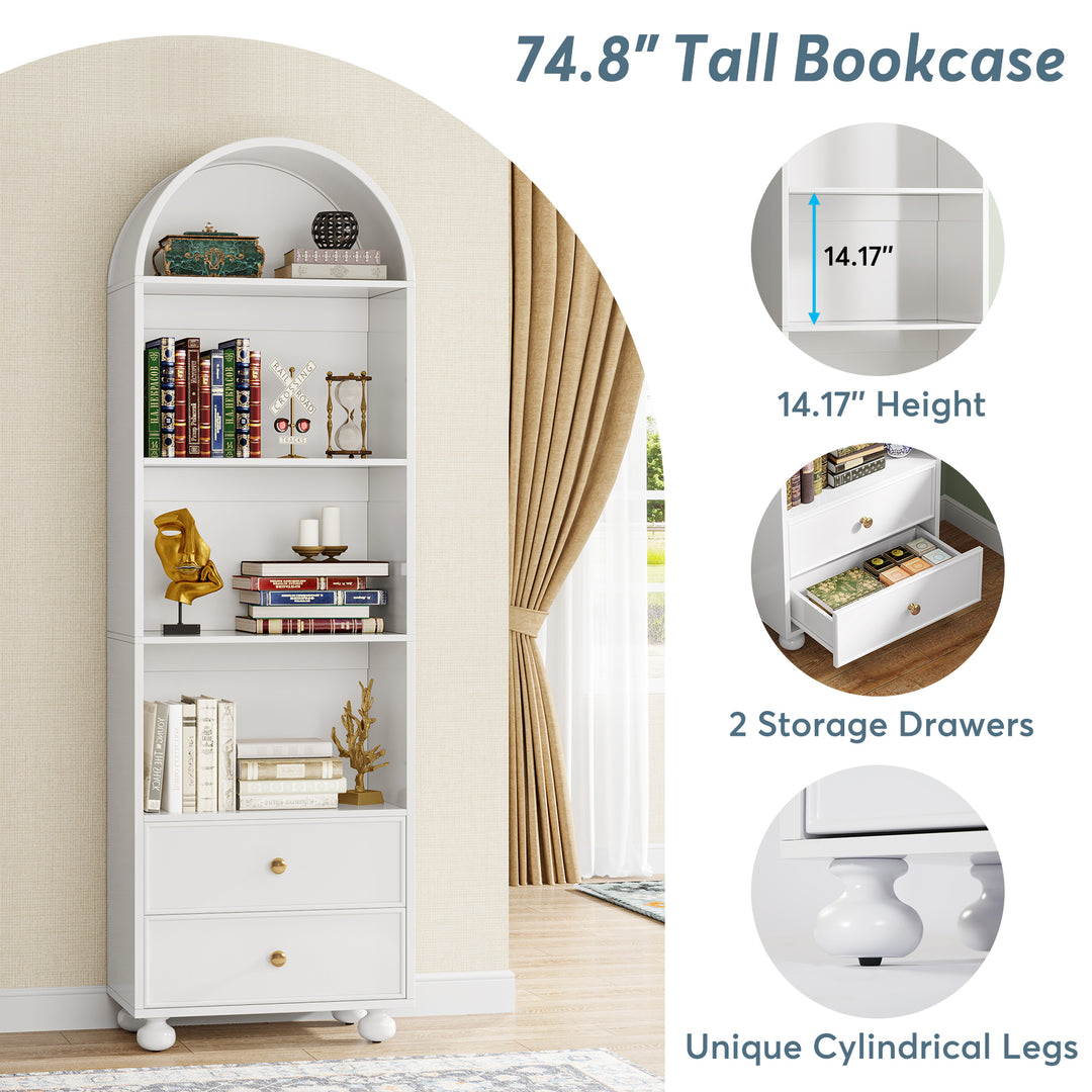 Tribesigns 74.8" Tall Bookcase, White Arched Bookshelf with 2 Drawers and 4 Storage Shelves Image 4