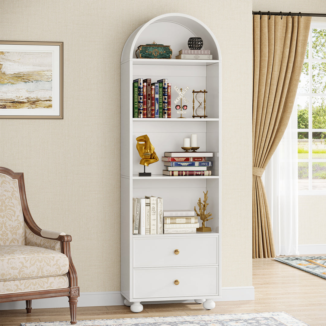 Tribesigns 74.8" Tall Bookcase, White Arched Bookshelf with 2 Drawers and 4 Storage Shelves Image 3