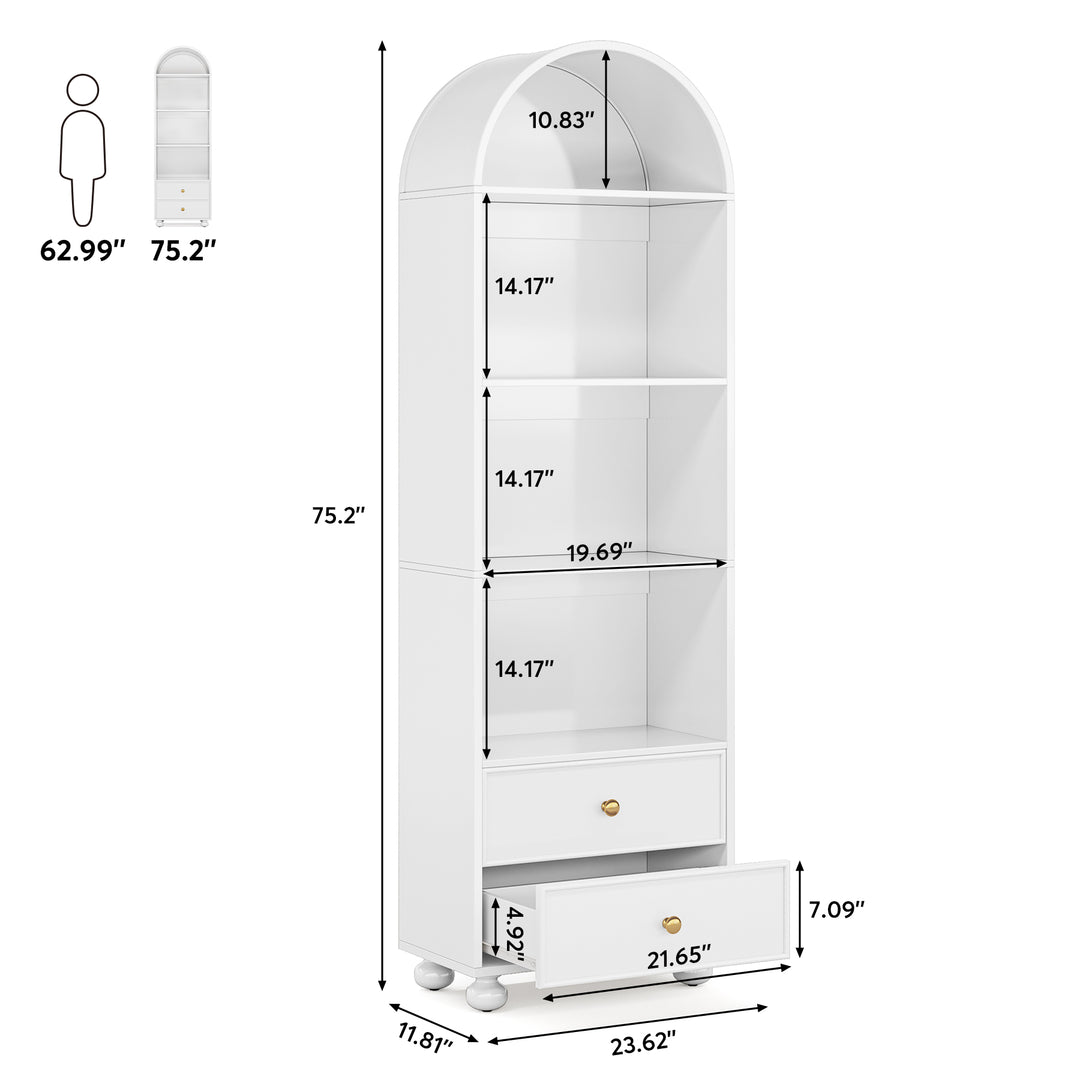 Tribesigns 74.8" Tall Bookcase, White Arched Bookshelf with 2 Drawers and 4 Storage Shelves Image 6