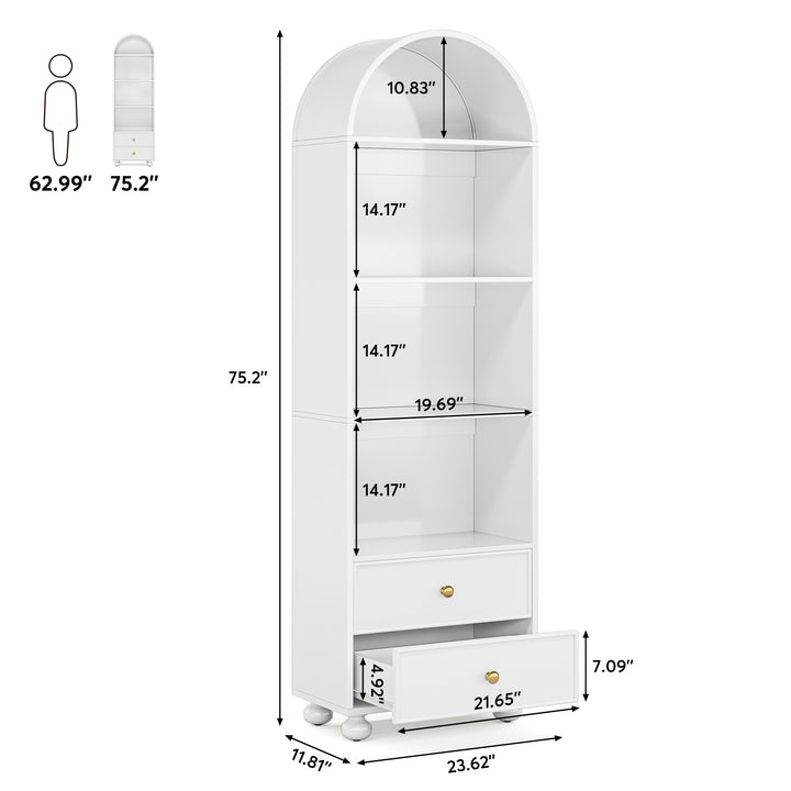 Tribesigns 74.8" Tall Bookcase, White Arched Bookshelf with 2 Drawers and 4 Storage Shelves Image 6