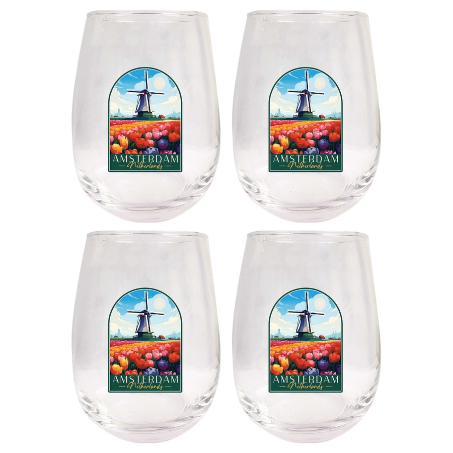 Amsterdam Netherlands Design B Souvenir 15 oz Stemless Wine Glass 4-Pack Image 1