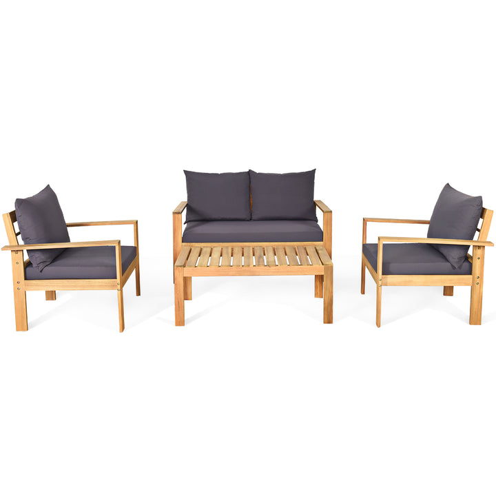 4PCS Cushioned Wooden Conversation Set Patio Outdoor Furniture Set with Cover Image 2