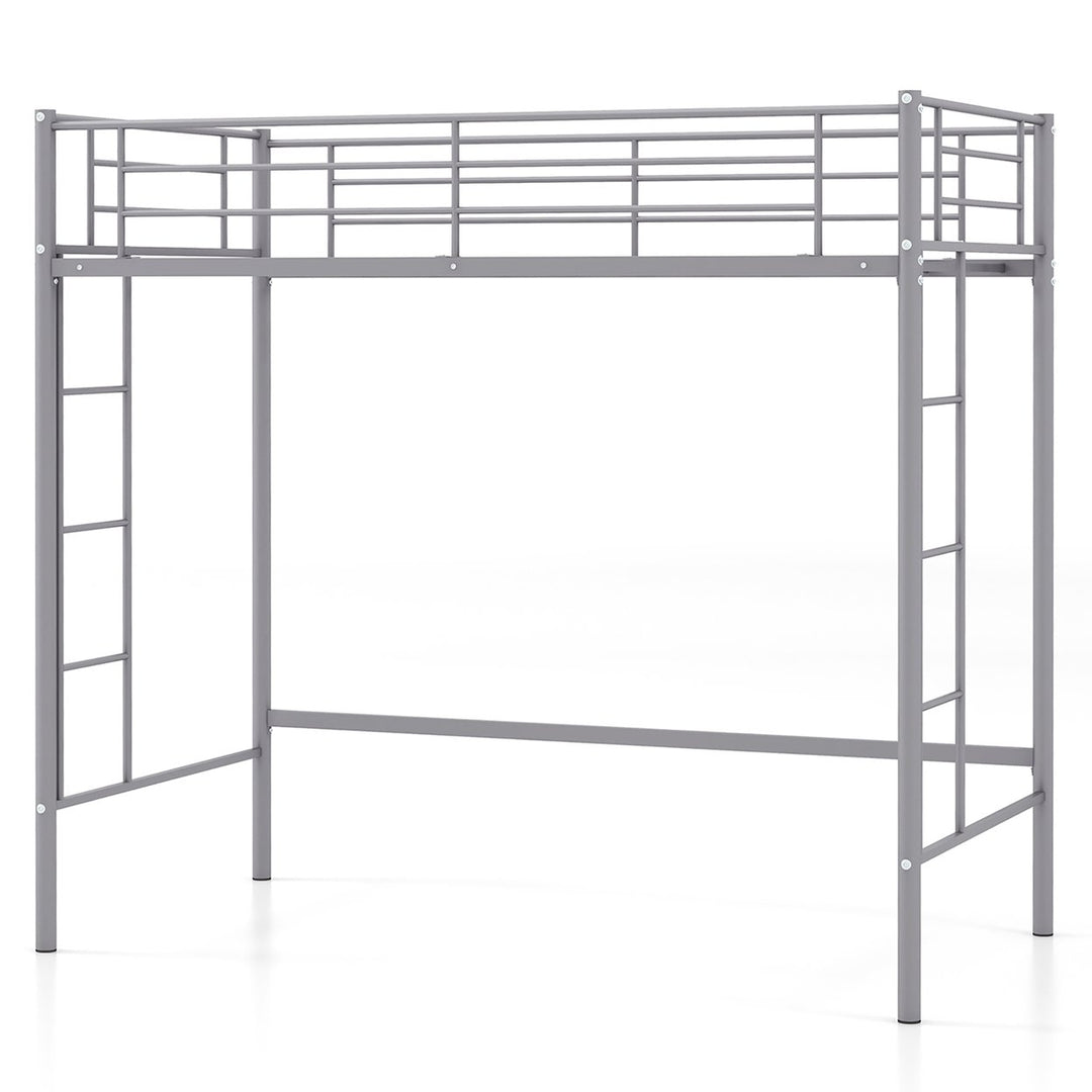 Twin Metal Loft Bed Frame w/ 2 Ladders Full-length Guardrail Space-Saving Image 1