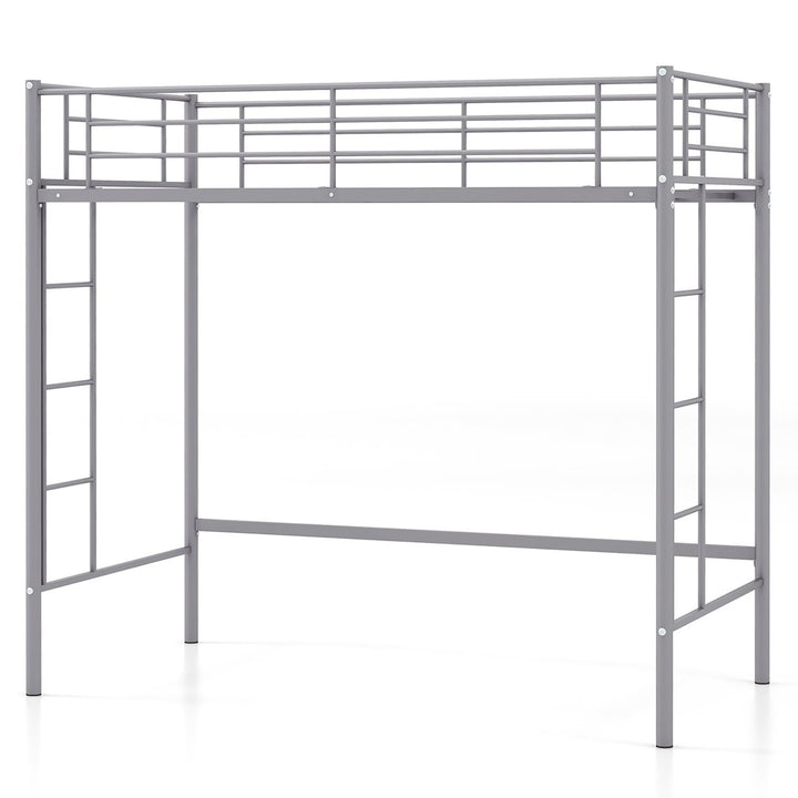 Twin Metal Loft Bed Frame w/ 2 Ladders Full-length Guardrail Space-Saving Image 1