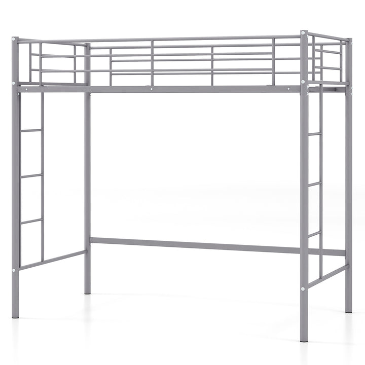 Twin Metal Loft Bed Frame w/ 2 Ladders Full-length Guardrail Space-Saving Image 4