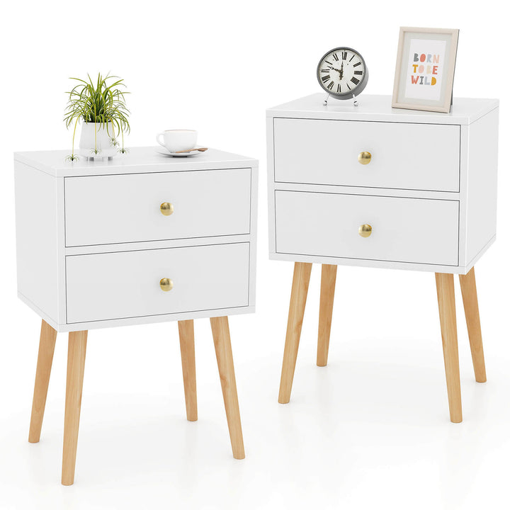 2PCS Mid Century Modern 2 Drawers Nightstand In White Sofa Side Table End Table Image 1