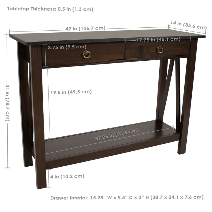 Sunnydaze Solid Pine 2-Drawer Console Table - 42 in - Dark Brown Image 3