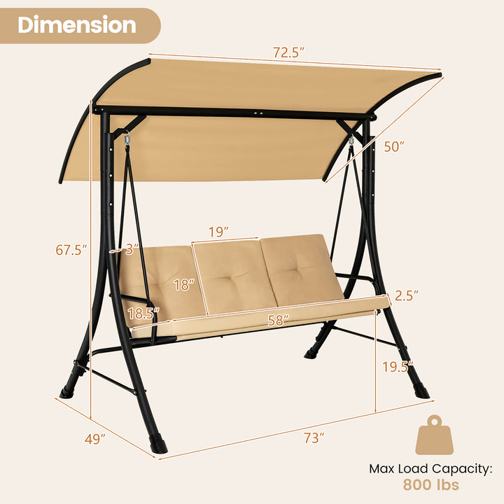 3 Person Patio Porch Swing Outdoor Swing Chair w/ Cushions and Adjustable Canopy Image 3