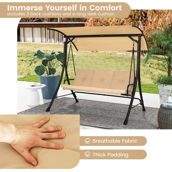 3 Person Patio Porch Swing Outdoor Swing Chair w/ Cushions and Adjustable Canopy Image 4