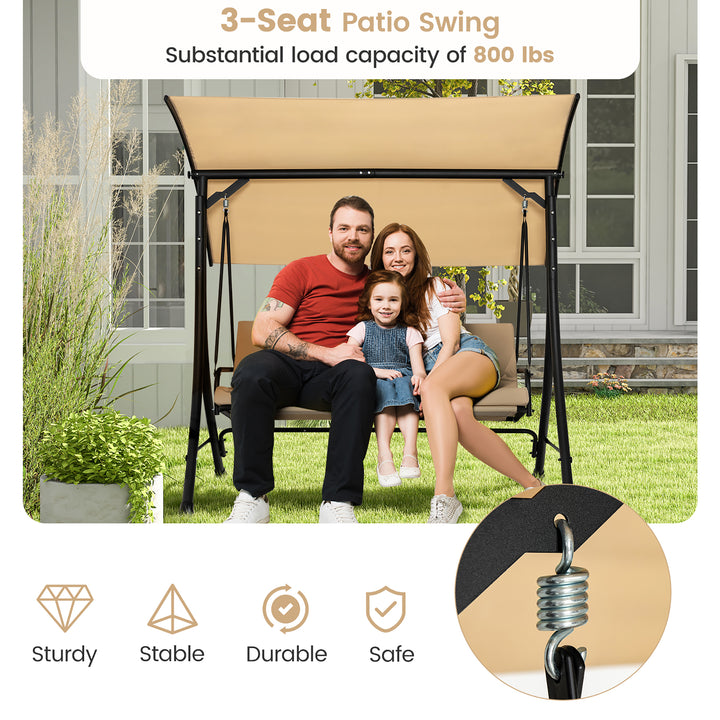 3 Person Patio Porch Swing Outdoor Swing Chair w/ Cushions and Adjustable Canopy Image 6