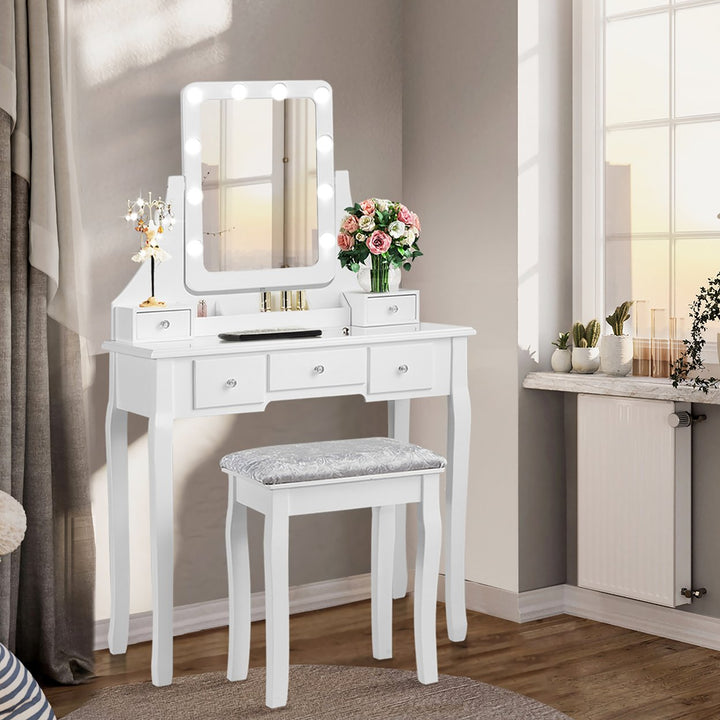 Costway Vanity Dressing Table Set w/ 10 Dimmable Bulbs Touch Switch Cushion Stool White\Black\Brown Image 1