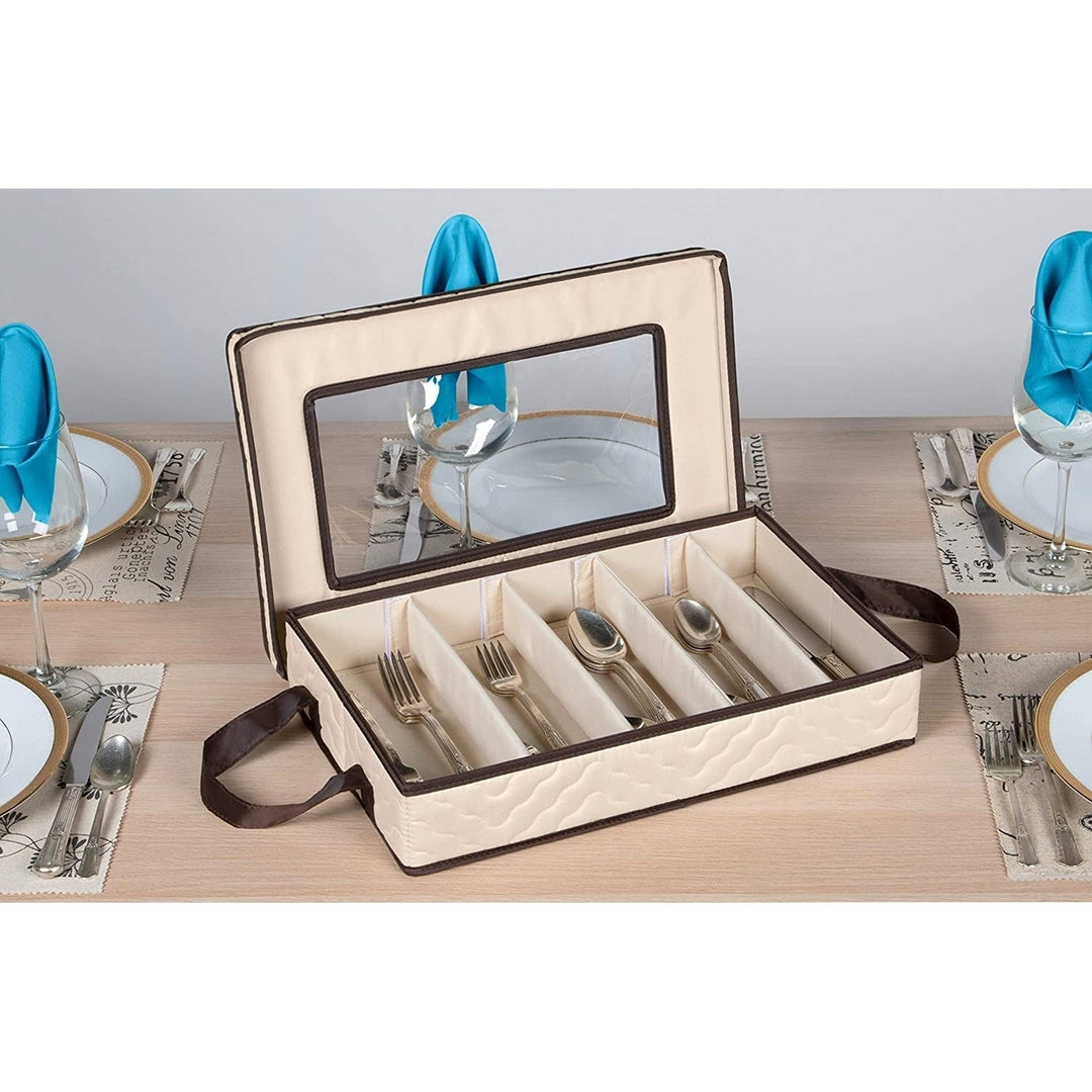 Flatware Storage Case Ivory Durable 5 Compartment Silverware Organizer with Handles Image 4